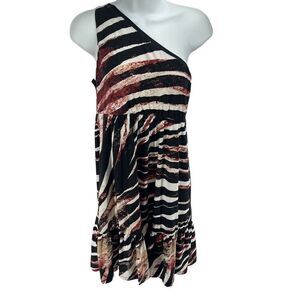 Soma Womens One Shoulder Dress Jungle Safari Stretch Ruffle Small Black White
